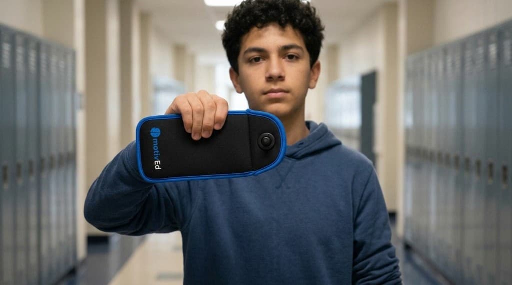 Estudiante en el pasillo mostrando su funda MotivEd