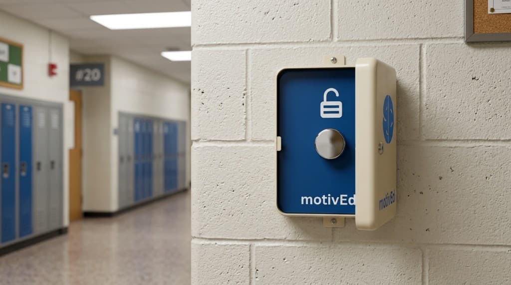 Estación de desbloqueo MotivEd montada en la pared de un pasillo escolar